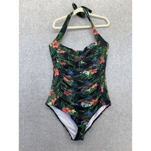 Unbranded Women's One Piece Swimsuit Halter Ruched Front Black Tropical